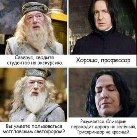 Северус, сводите студентов на экскурсию. Хорошо, профессор Вы умеете пользоваться маггловским светофором? Разумеется. Слизерин переходит дорогу на зелёный, Гриффиндор на красный.