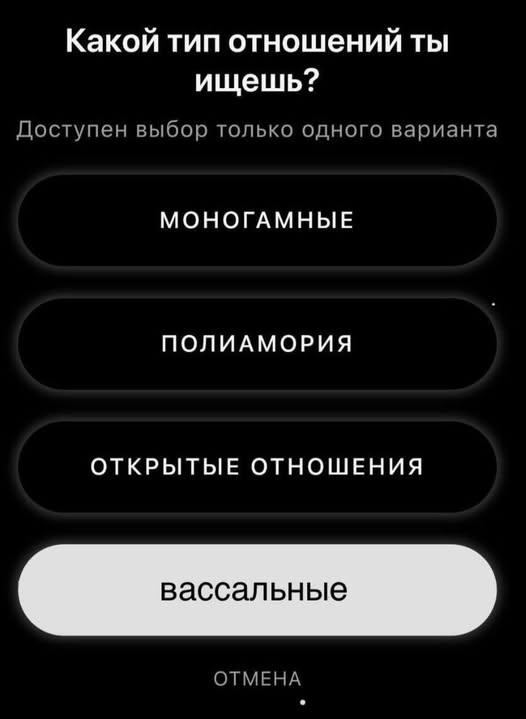 Какой тип отношений ты ищешь? Доступен выбор только одного варианта МОНОГАМНЫЕ ПОЛИАМОРИЯ ОТКРЫТЫЕ ОТНОШЕНИЯ вассальные ОТМЕНА