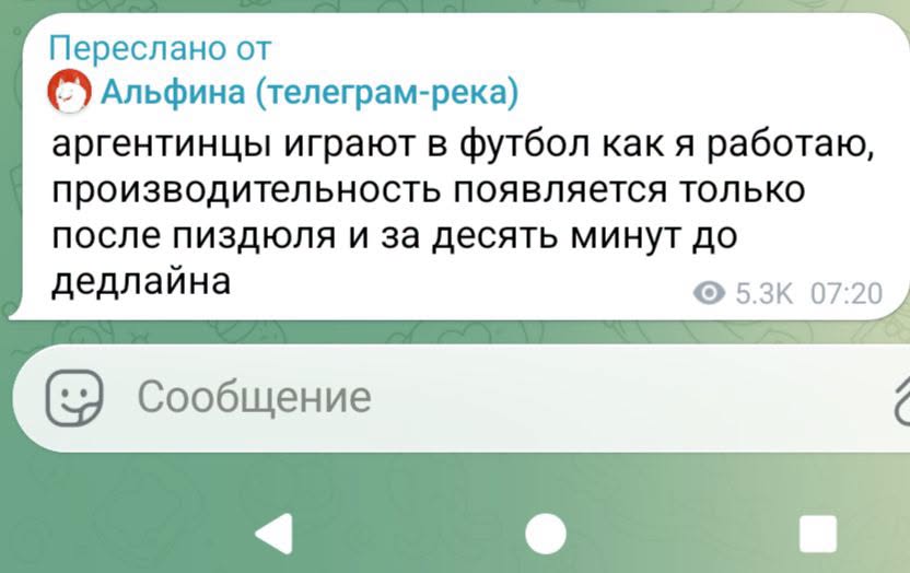 Переслано от &bull; Альфина (телеграм-река) аргентинцы играют в футбол как я работаю, производительность появляется только после пиздюля и за десять минут до дедлайна 5.3К 07:20 Сообщение