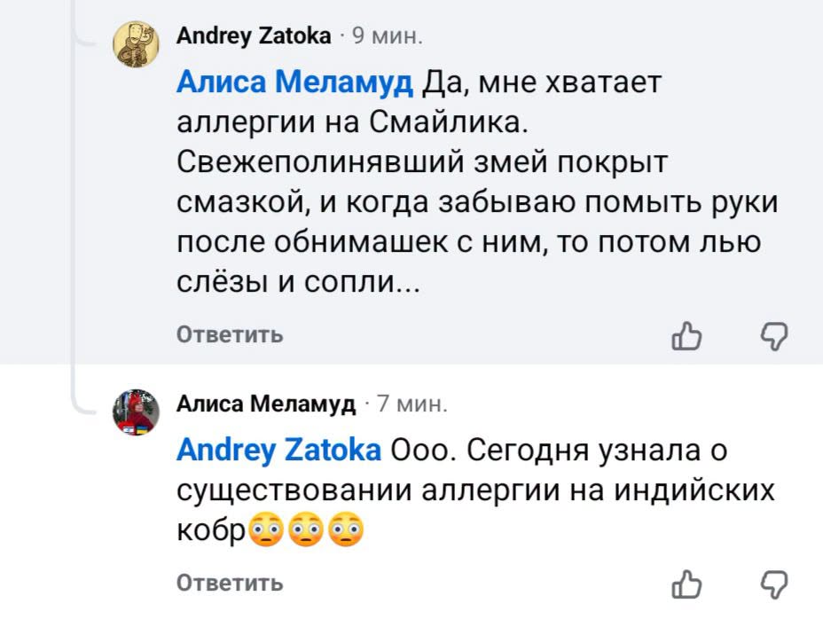 Andrey Zatoka &bull; 9мин. Алиса Меламуд Да, мне хватает аллергии на Смайлика. Свежеполинявший змей покрыт смазкой, и когда забываю помыть руки после обнимашек с ним, то потом лью слёзы и сопли... Ответить Алиса Меламуд &bull; 7 мин. Andrey Zatoka Ooo. Сегодня узнала о существовании аллергии на индийских кобро сз Ответить