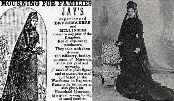 MOURNING FOR FAMILIES JAY'S experienced DREBSMAKIRS and MILLINERS travel to any part of the Kingdom, free of expense to purchasers. They take with them dresses and millinery, besides patterns of Materials. at l6. per yard aod upwards, all marked in plain figure: and at same price as if purchased at the Warehouse, in Regent-st Reasonable estimates ar also given for Houschold Mourning. at a great saving to Larg or smail farmilies.