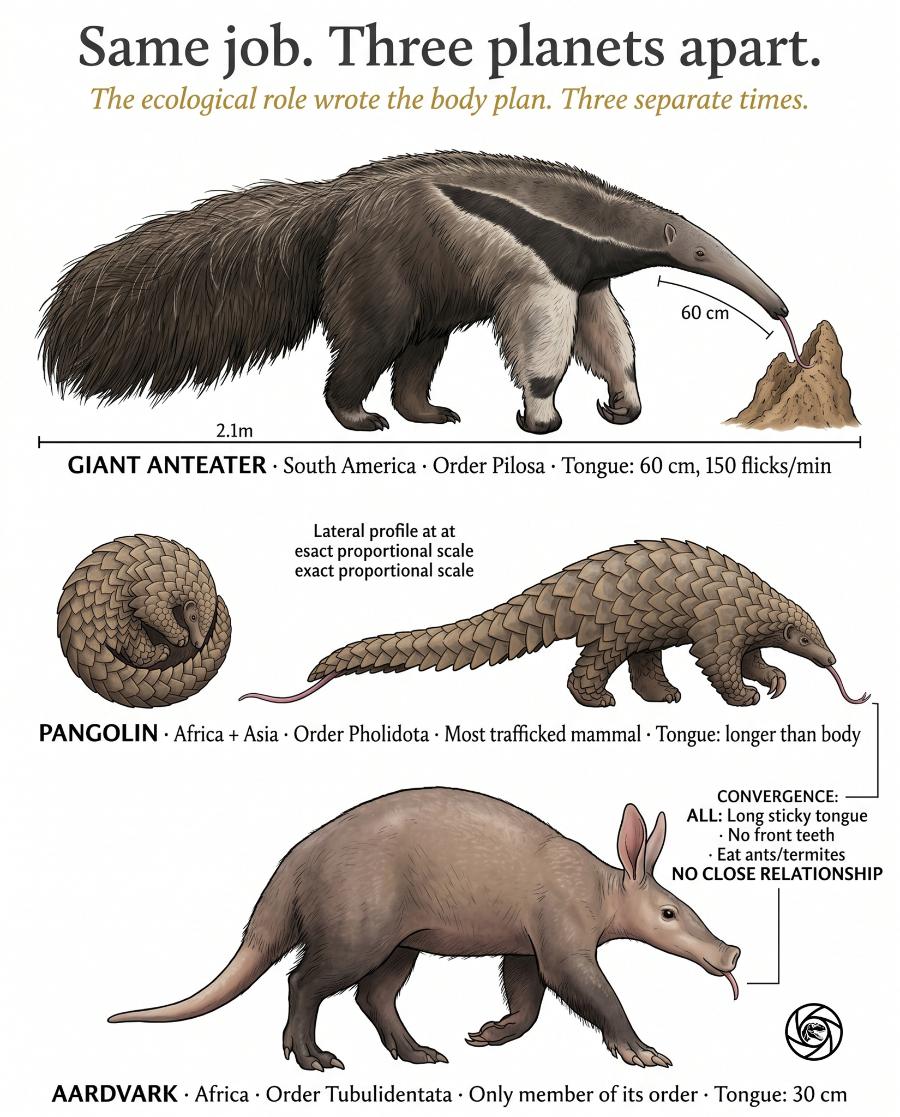 Same job. Three planets apart. The ecological role wrote the body plan. Three separate times. 60 cm 2.1m GIANT ANTEATER &bull; South America &bull; Order Pilosa &bull; Tongue: 60 cm, 150 flicks/min Lateral profile at at esact proportional scale exact proportional scale PANGOLIN &bull; Africa + Asia &bull; Order Pholidota &bull; Most trafficked mammal &bull; Tongue: longer than body CONVERGENCE: ALL: Long sticky tongue &bull; No front teeth &bull; Eat ants/termites NO CLOSE RELATIONSHIP AARDVARK &bull; Africa &bull; Order Tubulidentata &bull; Only member of its order &bull; Tongue: 30 cm