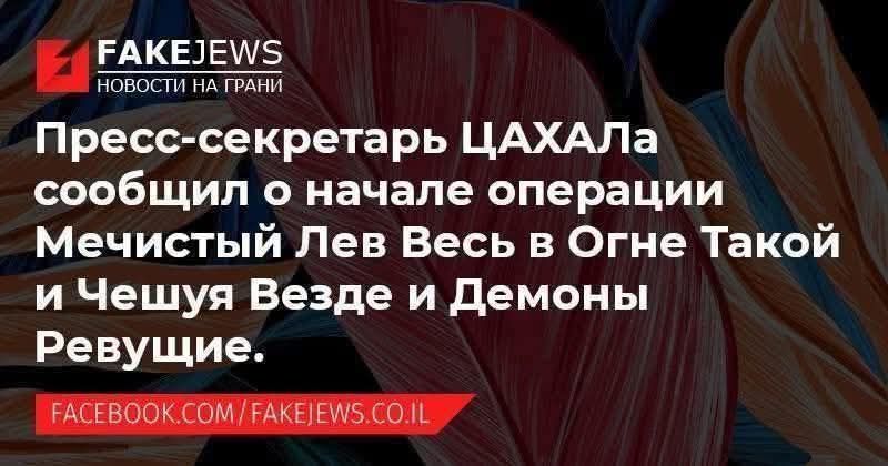FAKEJEWS НОВОСТИ НА ГРАНИ Пресс-секретарь ЦАХАЛа сообщил о начале операции Мечистый Лев Весь в Огне Такой и Чешуя Везде и Демоны Ревущие. FACEBOOK.COM/FAKEJEWS.CO.IL