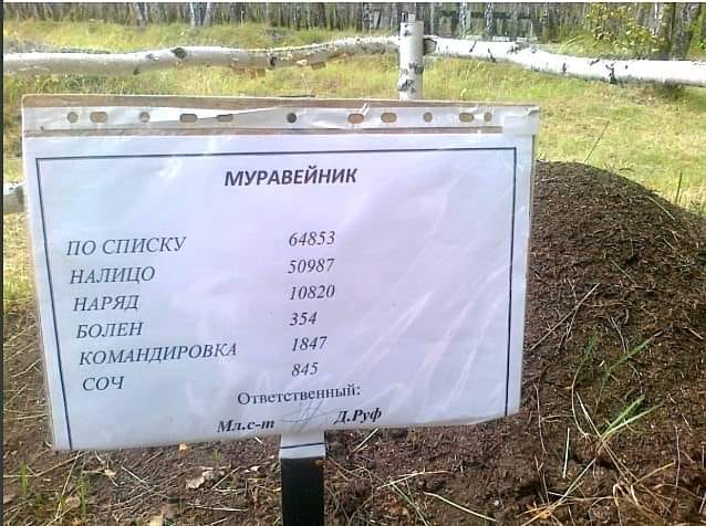 ПО СПИСКУ 64853 НАЛИЦО 50987 НАРЯД 10820 БОЛЕН 354 КОМАНДИРОВКА 1847 СОЧ 845 МУРАВЕЙНИК Ответственный: Д. Руф Мл.с-m