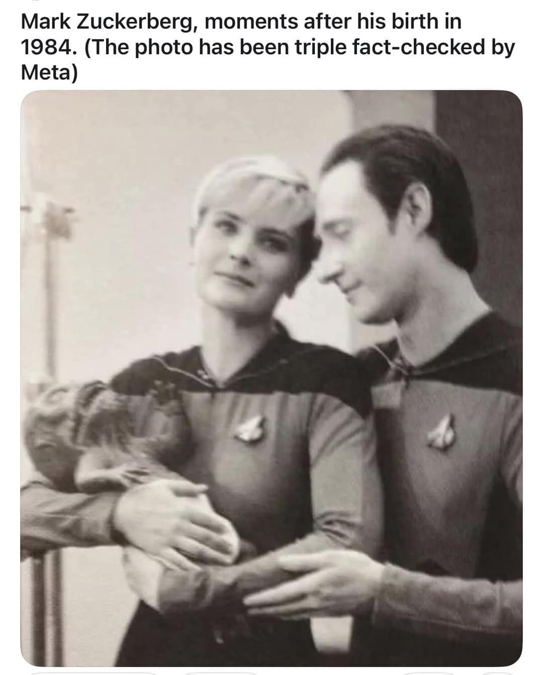 Mark Zuckerberg, moments after his birth in 1984. (The photo has been triple fact-checked by Meta)