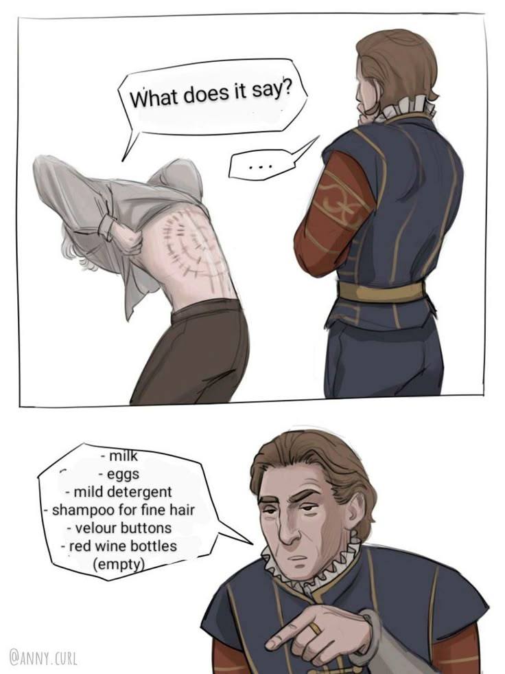 What does it say? - milk - eggs - mild detergent - shampoo for fine hair - velour buttons - red wine bottles (empty) @ANNY.CURL