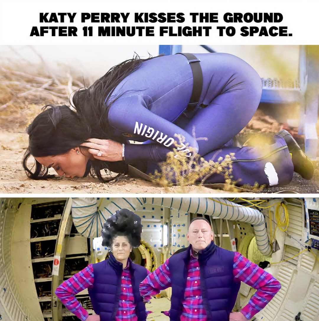 KATY PERRY KISSES THE GROUND AFTER 11 MINUTE FLIGHT TO SPACE.