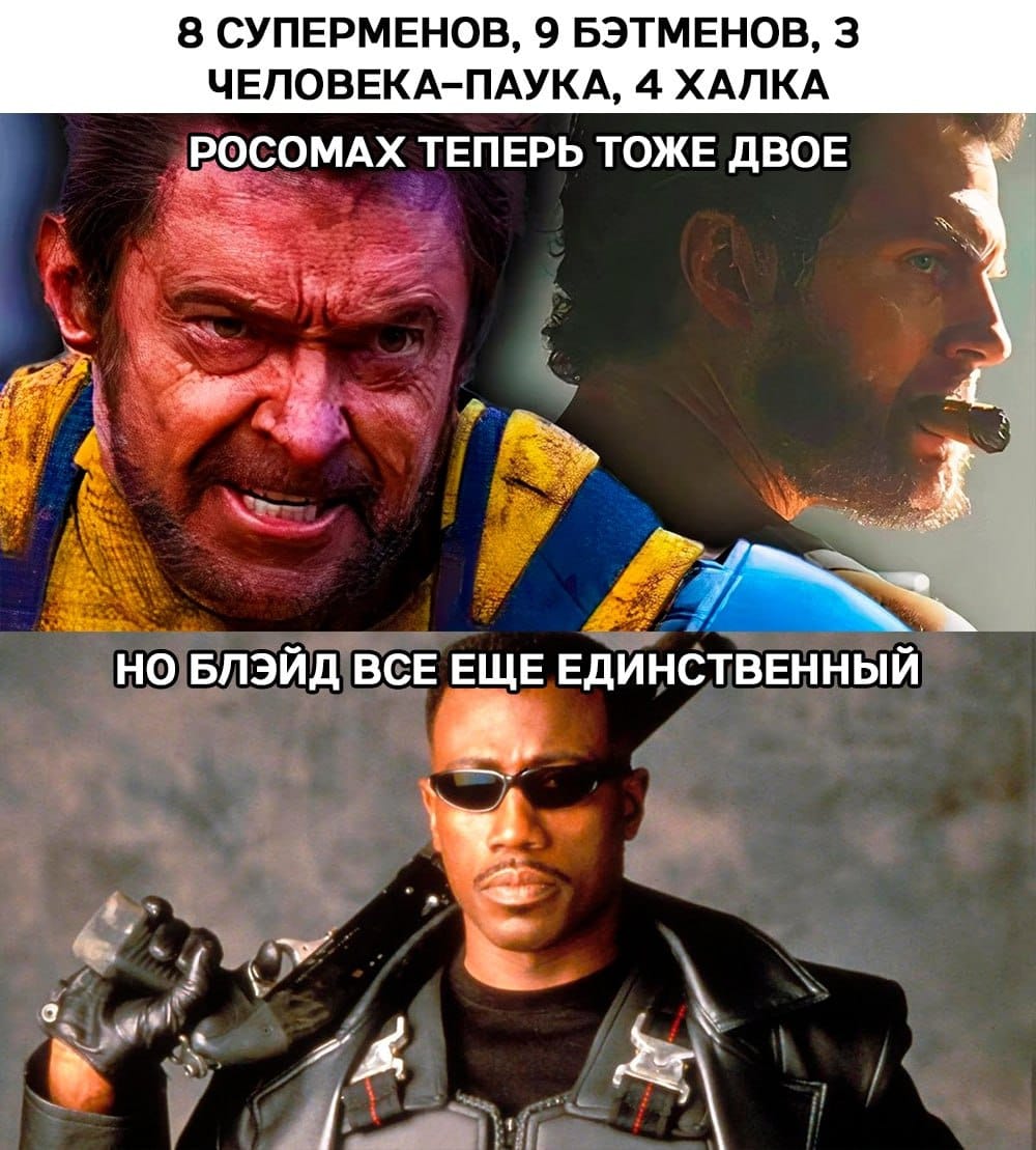 8 СУПЕРМЕНОВ, 9 БЭТМЕНОВ, 3 ЧЕЛОВЕКА-ПАУКА, 4 ХАЛКА РОСОМАХ ТЕПЕРЬ ТОЖЕ ДВОЕ НО БЛЭЙД ВСЕ ЕЩЕ ЕДИНСТВЕННЫЙ