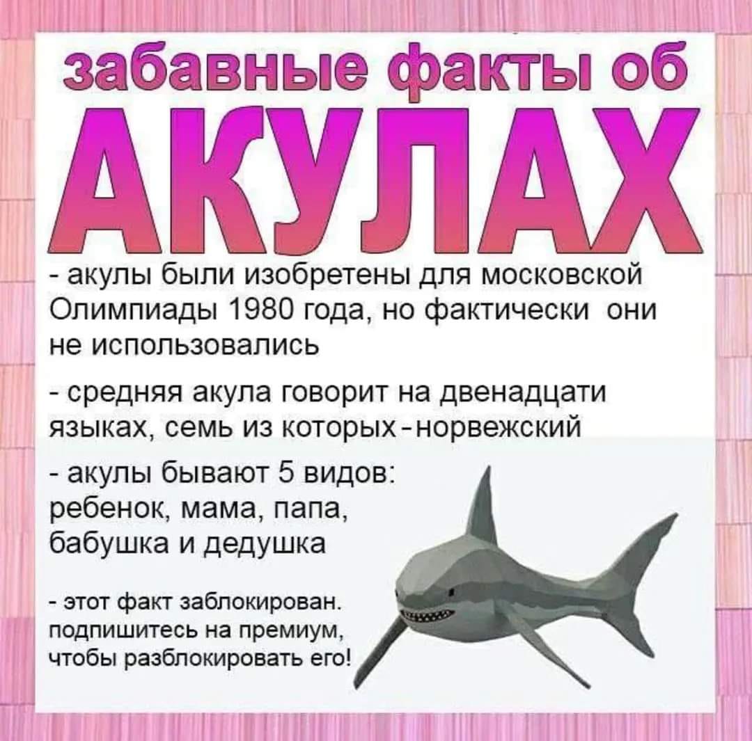 забавные факты об АКУЛАХ - акулы были изобретены для московской Олимпиады 1980 года, но фактически они не использовались - средняя акула говорит на двенадцати языках, семь из которых -норвежский - акулы бывают 5 видов: ребенок, мама, папа, бабушка и дедушка - этот факт заблокирован. подпишитесь на премиум, чтобы разблокировать его! 18209
