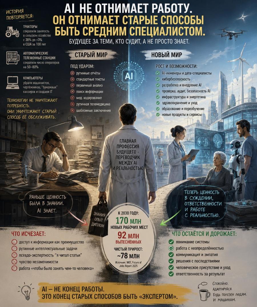 ИСТОРИЯ ПОВТОРЯЕТСЯ: ТРАКТОРЫ сократили занятость в сельском хозяйстве с 38% до <3% в США за 100 лет АІ НЕ ОТНИМАЕТ РАБОТУ. ОН ОТНИМАЕТ СТАРЫЕ СПОСОБЫ БЫТЬ СРЕДНИМ СПЕЦИАЛИСТОМ. БУДУЩЕЕ ЗА ТЕМИ, КТО СУДИТ, А НЕ ПРОСТО ЗНАЕТ. АВТОМАТИЧЕСКИЕ ТЕЛЕФОННЫЕ СТАНЦИИ сократили число операторов на 50-80% КОМПЬЮТЕРЫ убрали машинисток, чертёжников, "бумажных" кассиров и создали Т ТЕХНОЛОГИИ НЕ УНИЧТОЖАЮТ ПОТРЕБНОСТЬ. ОНИ УНИЧТОЖАЮТ СТАРЫЙ СПОСОБ ЕЕ ОБСЛУЖИВАТЬ. СТАРЫЙ МИР НОВЫЙ МИР ПОД УДАРОМ: рутинные отчёты * стандартные тексты * первичный анализ * поиск информации мед. кодирование рутинная телемедицина шаблонные заключения Al РОСТ И ВОЗМОЖНОСТИ: АІ-инженеры и дата-специалисты кибербезопасность разработка и внедрение AI проверка, аудит, безопасность Al инфраструктура и энергетика здравоохранение и уход образование и переобучение новые продукты и сервисы ГЛАВНАЯ ПРОФЕССИЯ БУДУЩЕГО - ПЕРЕВОДЧИК МЕЖДУ АІ И РЕАЛЬНОСТЬЮ ЕШЕ ОДАН ОТЧЕТ РАНЬШЕ ЦЕННОСТЬ БЫЛА В ЗНАНИИ. AI ЗНАЕТ. ЧТО ИСЧЕЗАЕТ: доступ к информации как преимущество рутинные интеллектуальные задачи псевдо-экспертость чита стать" чувство незаменимости работа &laquo;чтобы было занять чем-то человека&raquo; ЗНАНИЯ / ОПЫТ ДИПЛОМ К 2030 ГОДУ: 170 млн НОВЫХ РАБОЧИХ МЕСТ 92 млн ВЫТЕСНЕННЫХ ЧИСТЫЙ ПРИРОСТ: ~78 млн Источник: WEF, Future of Jobs Report 2025 AI - НЕ КОНЕЦ РАБОТЫ. ЭТО КОНЕЦ СТАРЫХ СПОСОБОВ БЫТЬ &laquo;ЭКСПЕРТОМ&raquo;. ТЕПЕРЬ ЦЕННОСТЬ В СУЖДЕНИИ, ОТВЕТСТВЕННОСТИ И РАБОТЕ С РЕАЛЬНОСТЬЮ. ЧТО ОСТАЁТСЯ И ДОРОЖАЕТ: понимание системы работа с неопределённостью коммуникация и эмпатия решения с последствиями человеческое присутствие и уход ответственность за результат Спокойно. АДАПТИРУЙСЯ. БУДЬ ПОЛЕЗЕН ЛЮДЯМ. И МАШИНАМ