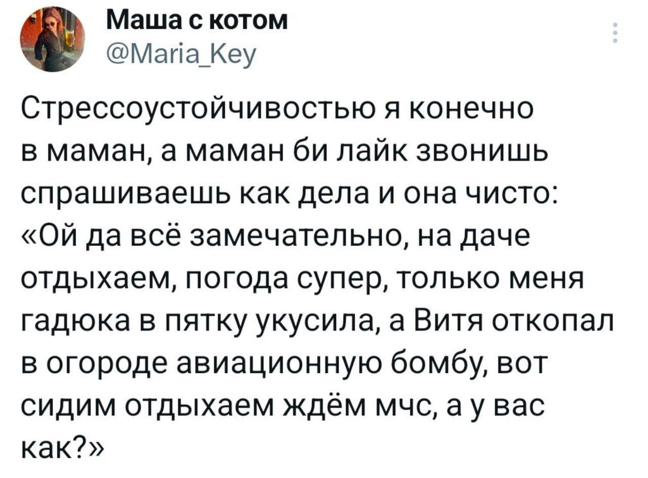 Маша с котом @Maria_Key Стрессоустойчивостью я конечно в маман, а маман би лайк звонишь спрашиваешь как дела и она чисто: &laquo;Ой да всё замечательно, на даче отдыхаем, погода супер, только меня гадюка в пятку укусила, а Витя откопал в огороде авиационную бомбу, вот сидим отдыхаем ждём мчс, а у вас как?&raquo;