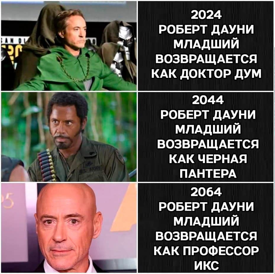 IAN OL ANHY 2024 РОБЕРТ ДАУНИ МЛАДШИЙ ВОЗВРАЩАЕТСЯ КАК ДОКТОР ДУМ 2044 РОБЕРТ ДАУНИ МЛАДШИЙ ВОЗВРАЩАЕТСЯ КАК ЧЕРНАЯ ПАНТЕРА 2064 РОБЕРТ ДАУНИ МЛАДШИЙ ВОЗВРАЩАЕТСЯ КАК ПРОФЕССОР ИКС