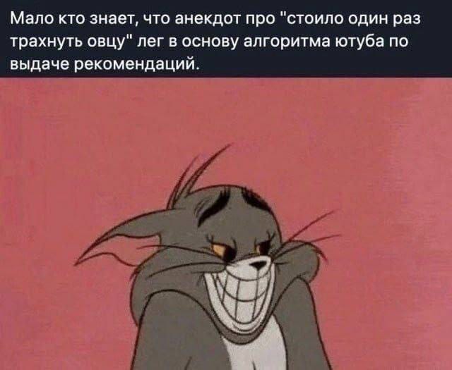 Мало кто знает, что анекдот про "стоило один раз трахнуть овцу" лег в основу алгоритма ютуба по выдаче рекомендаций.