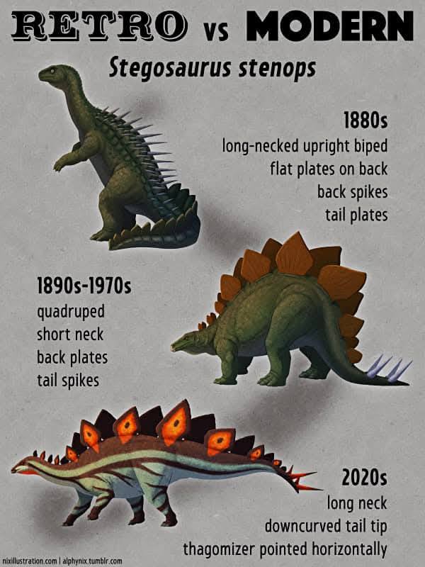 RETRO vs MODERN Stegosaurus stenops 1880s long-necked upright biped flat plates on back back spikes tail plates 1890s-1970s quadruped short neck back plates tail spikes 2020s long neck downcurved tail tip thagomizer pointed horizontally nixillustration.com |alphynix.tumbir.com