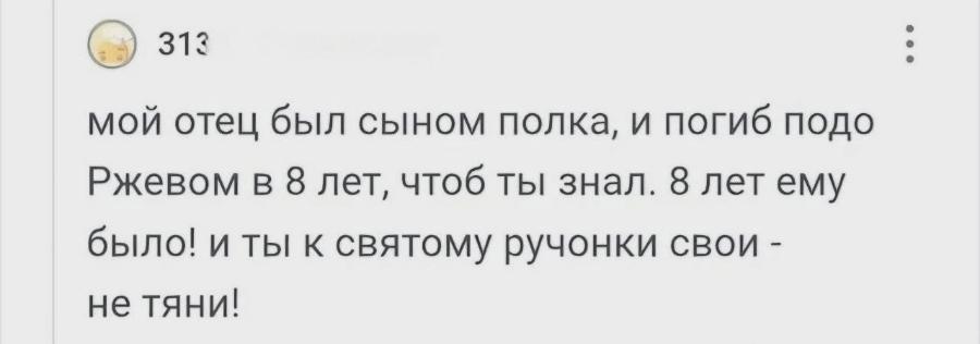 313 мой отец был сыном полка, и погиб подо Ржевом в 8 лет, чтоб ты знал. 8 лет ему было! и ты к святому ручонки свои - не тяни!