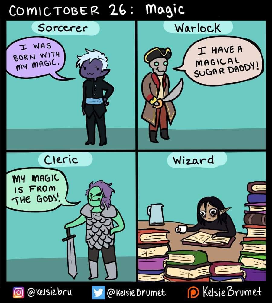 COMICTOBER 26: Magic Sorcerer I WAS BORN WITH My MAGIC. Warlock I HAVE A MAGICAL SUGAR DADDY! Cleric MY MAGIC IS FROM THE GODS! Wizard @kelsiebru @Kelsie Brumet Kelsie Brumet