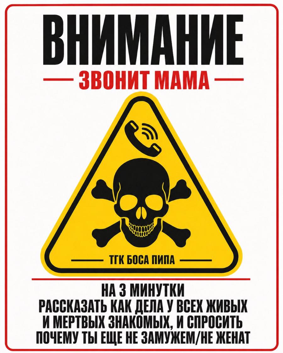 ВНИМАНИЕ - ЗВОНИТ МАМА - ТГК БОСА ПИПА НА З МИНУТКИ РАССКАЗАТЬ КАК ДЕЛА У ВСЕХ ЖИВЫХ И МЕРТВЫХ ЗНАКОМЫХ, И СПРОСИТЬ ПОЧЕМУ ТЫ ЕЩЕ НЕ ЗАМУЖЕМ/НЕ ЖЕНАТ