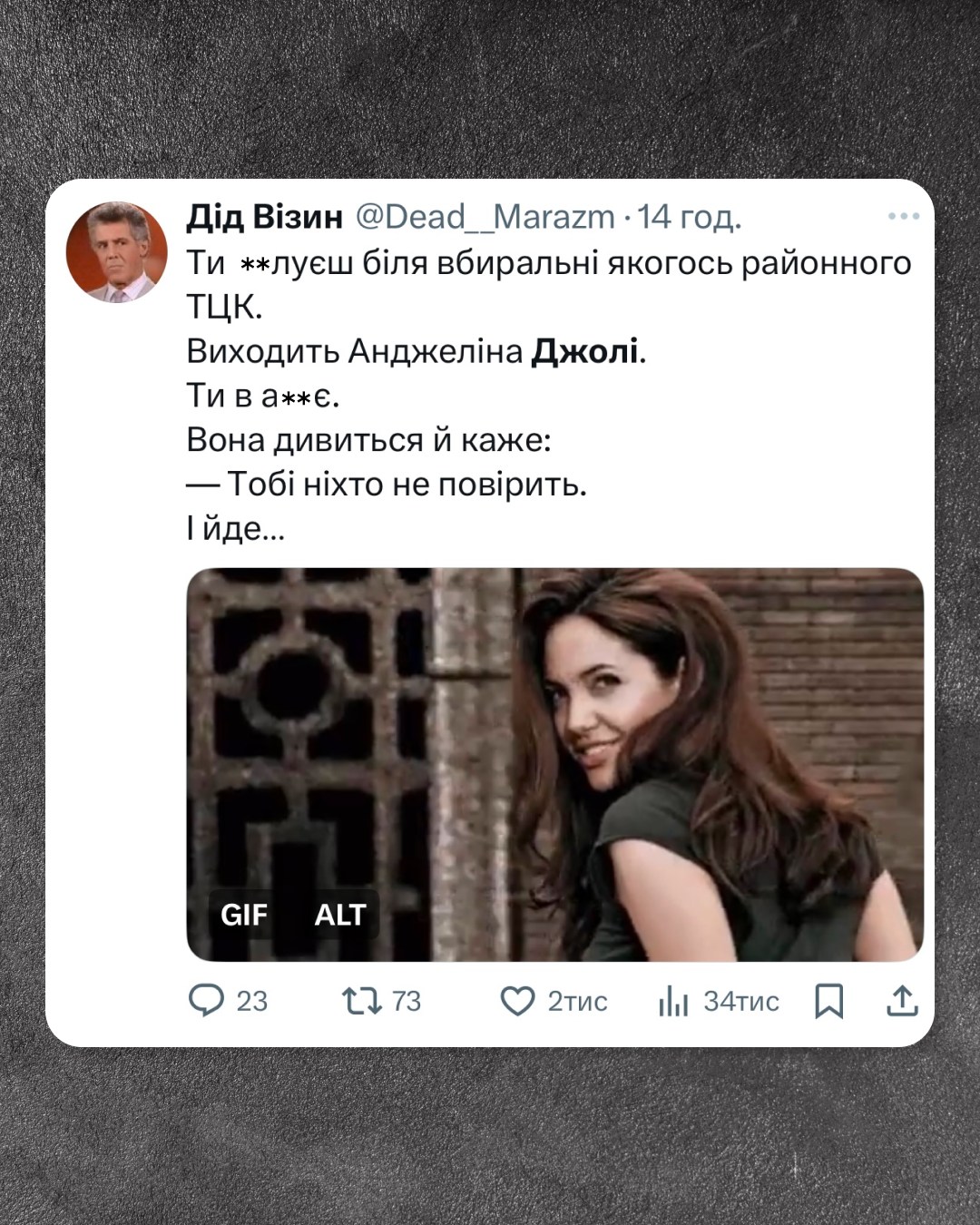 Дід Візин @Dead__Marazm • 14 год. Ти *жлуєш біля вбиральні якогось районного ТЦК. Виходить Анджеліна Джолі. Ти в а**є. Вона дивиться й каже: — Тобі ніхто не повірить. 1 йде... GIF 23 ALT {7 73 2 тис ıhl 34тис