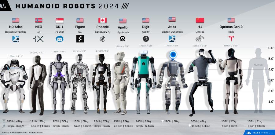 VA HUMANOID ROBOTS 2024 /||I HD Atlas Boston Dynamics NEO 1x GR-1 Fourier Figure 01 Phoenix Sanctuary AI Apollo Apptronik 172cm / 5'8" Digit Agility Atlas Boston Dynamics *; H1 Unitree Optimus Gen 2 Tesla 175cm / 5'9" 175cm / 5'9" 180cm / 5'11" 180cm / 5'11" 160cm / 4'11" 165cm / 5'5" 167cm / 5'6" 170cm / 5'6" 150cm / 4'11" Human Retired 6.0' 5.0' 4.0' 3.0' 2.0' 1.0' &bull; 103lb | 47kg 5mph | 8km/h 121lb | 30kg 7.4mph | 12kmh COLDCE, WWW LIEEADCUITECT AL/UIMANOIOS/ 121lb | 55kg 5mph | 8kmh 132lb | 60kg 154lb | 70kg 5mph | 4.3kmh 3mph | 5kmh 159lb | 72kg 7.4mph | 12kmh 146lb | 64kg 5mph | 5.4kmh P 180lb | 80kg 103lb | 47kg 11mph | 18kmh 103lb | 47kg 5mph | 8kmh 180lb | 81kg 8mph | 13kmh V MADE VISUAL Co