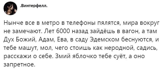 .Винтерфелл. Нынче все в метро в телефоны пялятся, мира вокруг не замечают. Лет 6000 назад зайдёшь в вагон, а там Дух Божий, Адам, Ева, в саду Эдемском беснуются, и тебе машут, мол, чего стоишь как неродной, садись, расскажи о себе. Змий яблочко тебе суёт, а оно запретное.